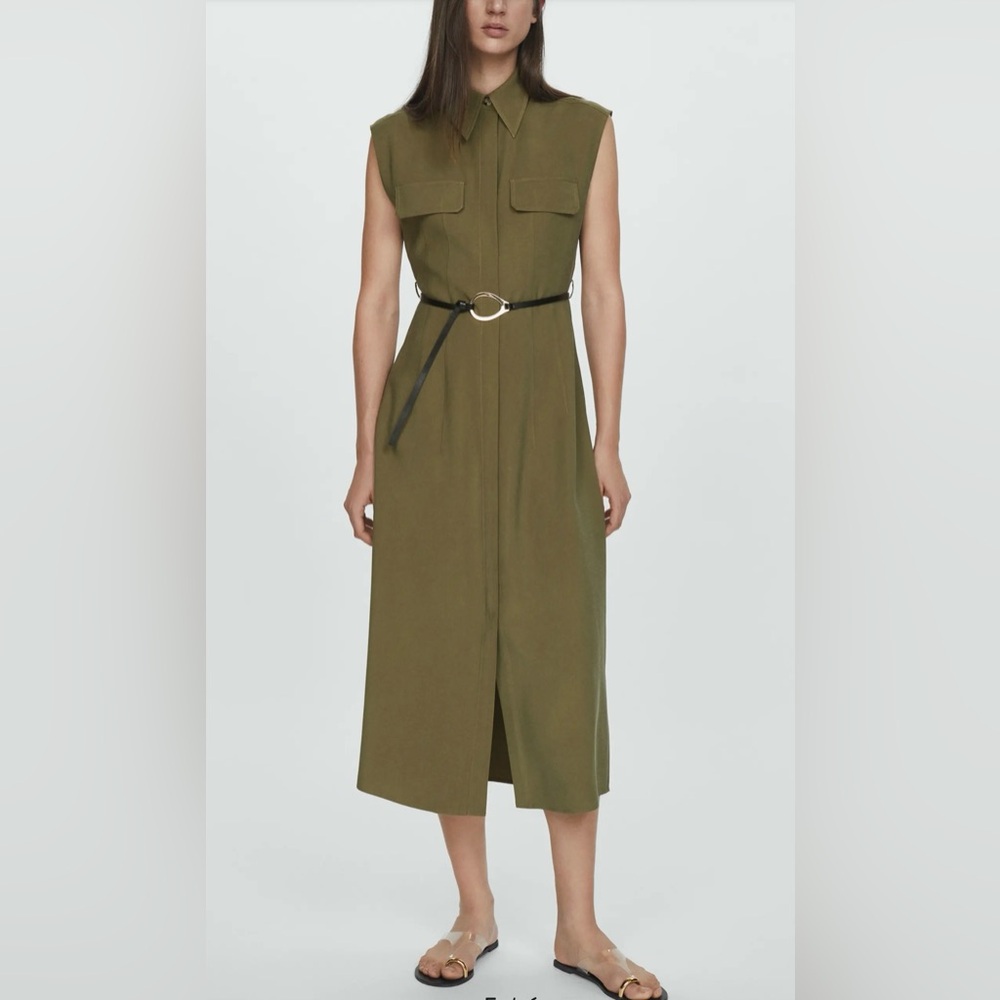 Mango Women’s Midi Green Khaki sleeveless collared Shirt dress NWT size‎ 10/XL
